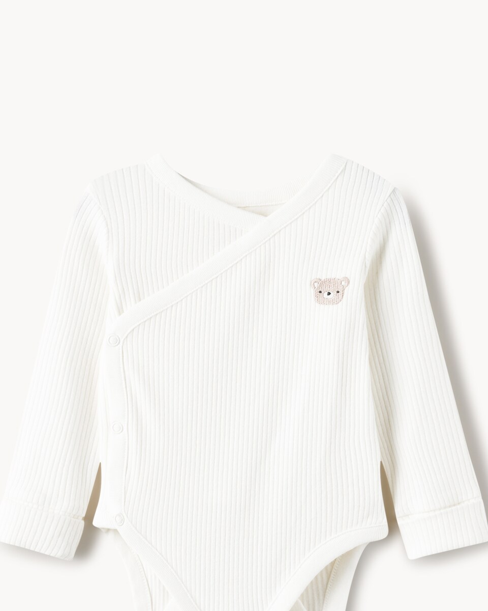 image 1 of F&F Baby 2-Pack Cotton Rich Teddy Wrap Bodysuits in White