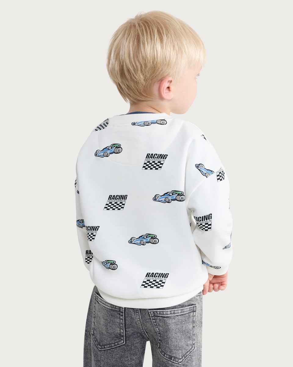 image 1 of F&F Boys Cotton Rich Racing Car Print Sweatshirt in Cream