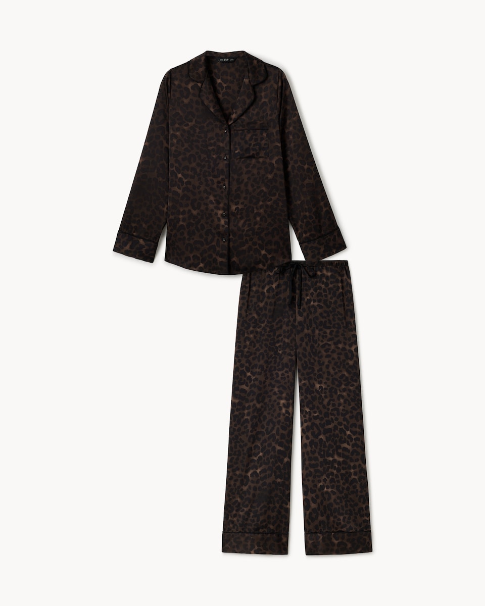 image 1 of F&F Satin Animal Print Revere Pyjama Set in Multi Brown