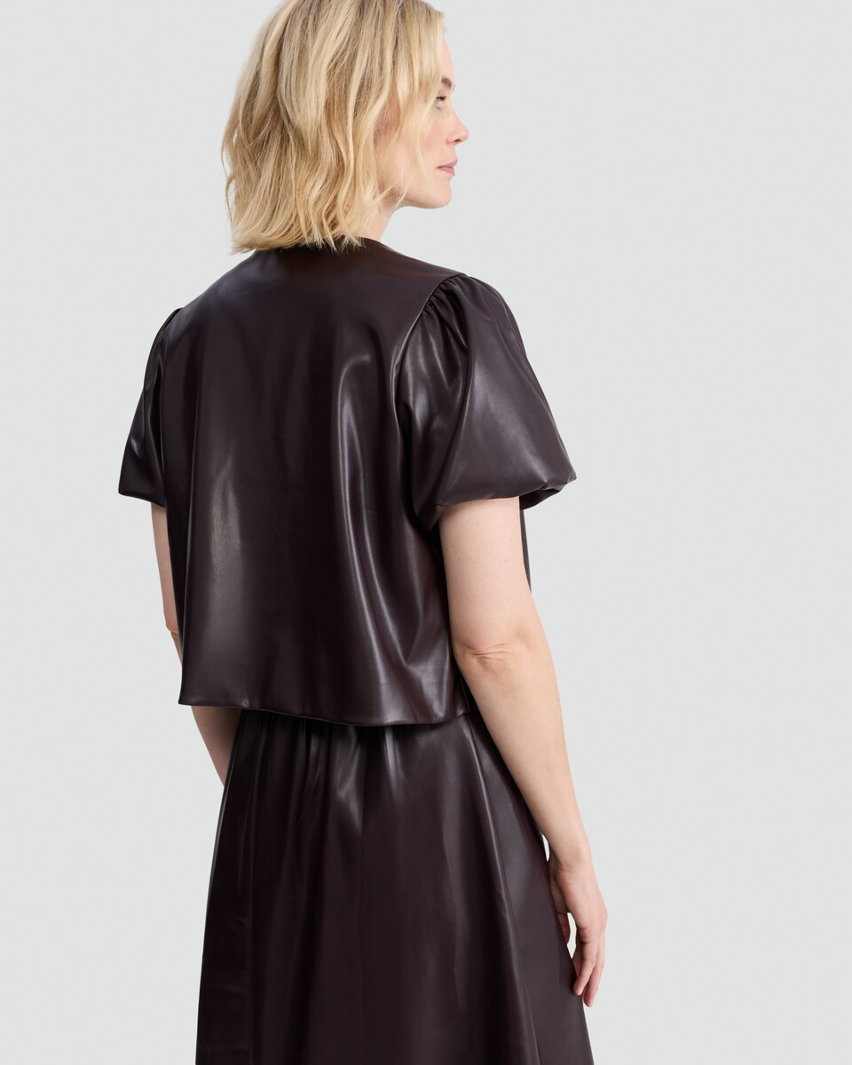 image 1 of OH ME OH MY Faux Leather Tie Front Top in Burgundy