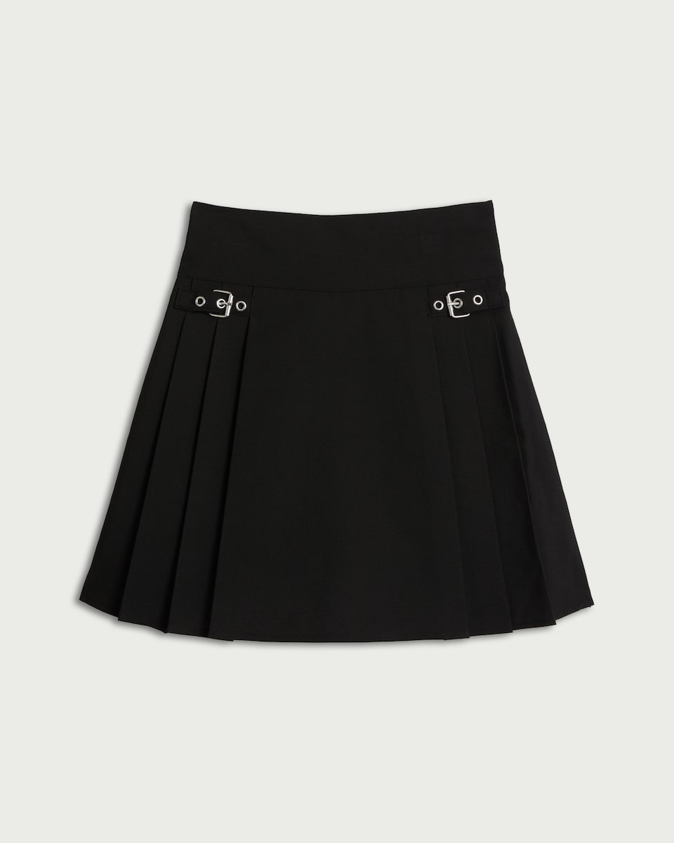 image 1 of F&F Girls School Buckle Pleated Skirt in Black