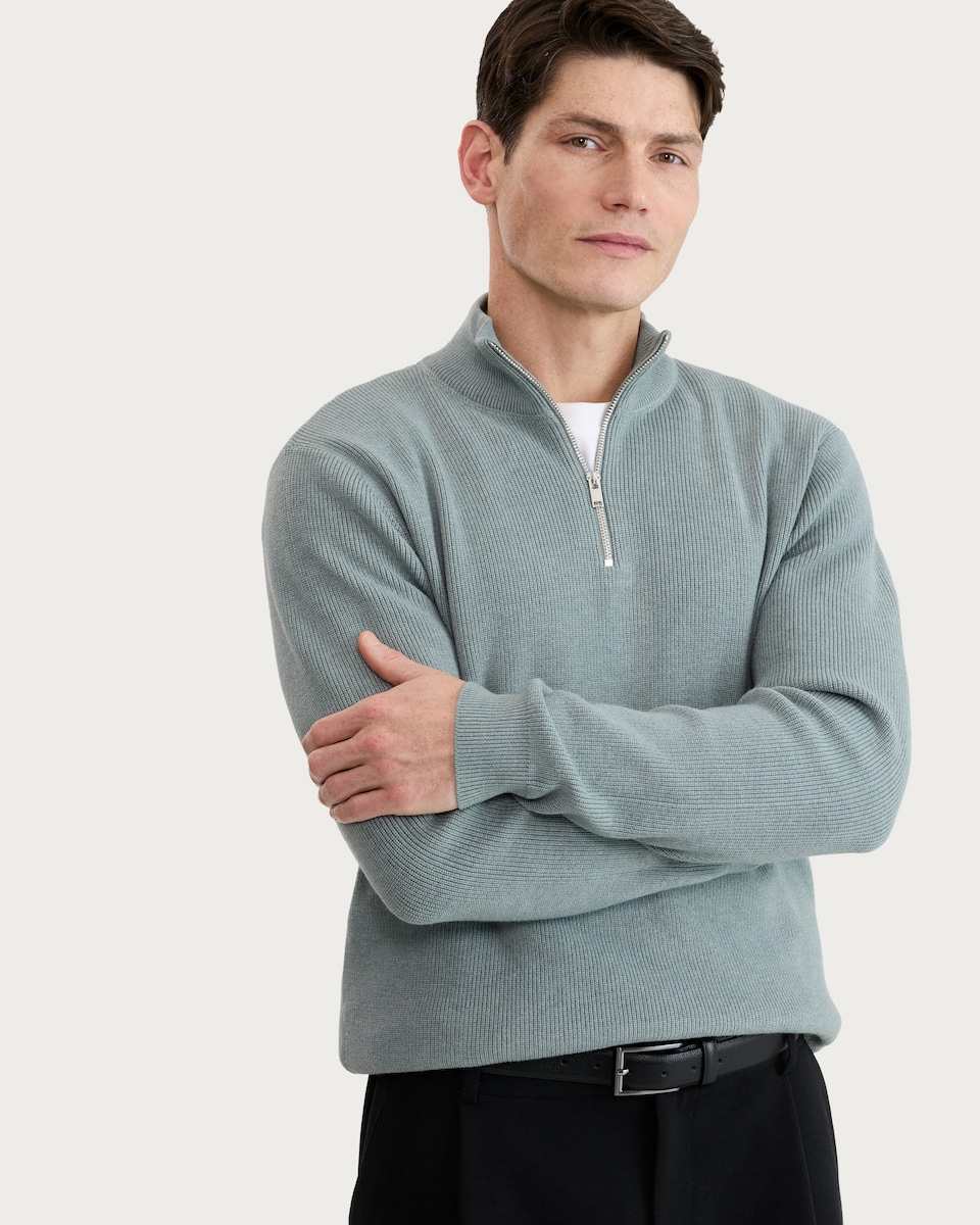 image 1 of F&F Knitted Ribbed Half Zip Jumper in Green