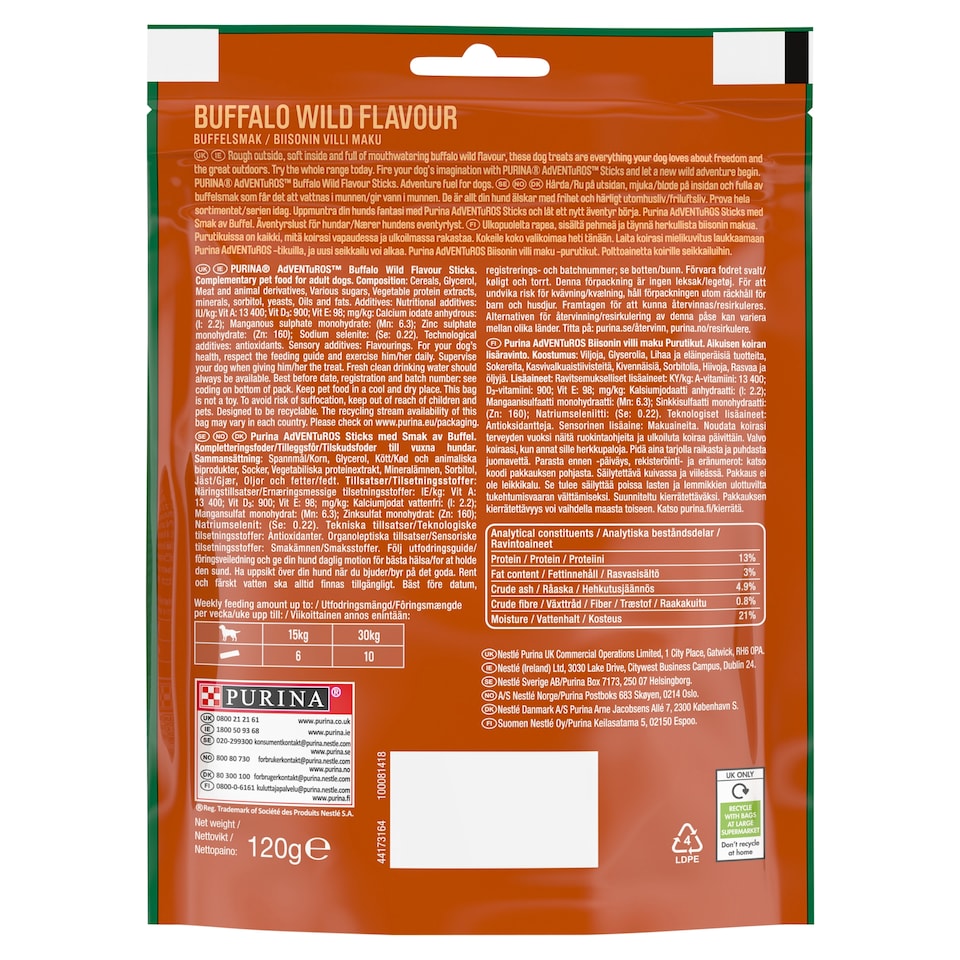 image 1 of Adventuros Sticks Dog Treats Buffalo Flavour 120g