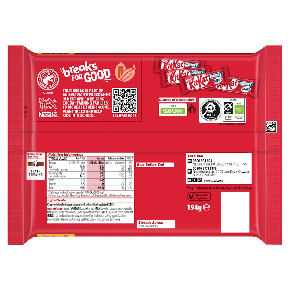 image 1 of KitKat Chunky Mini Milk Chocolate Bars 12 Pack Multipack 194g