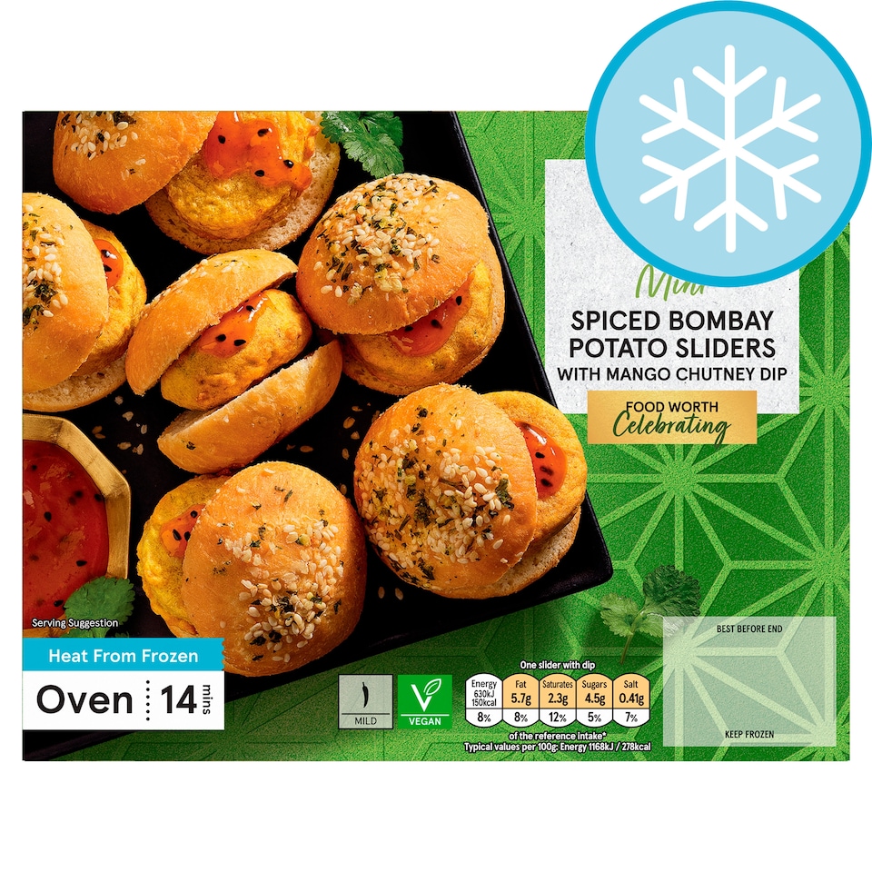 TESCO 6 SPICED BOMBAY MINI POTATO SLIDERS WITH MANGO CHUTNEY DIP 340g