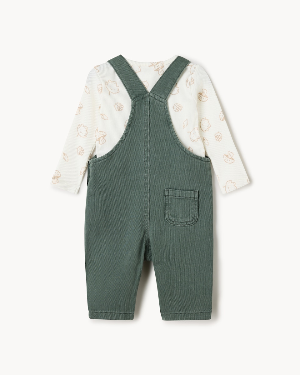 image 1 of F&F Baby Cotton Rich Dungarees and Bodysuit Set in Green
