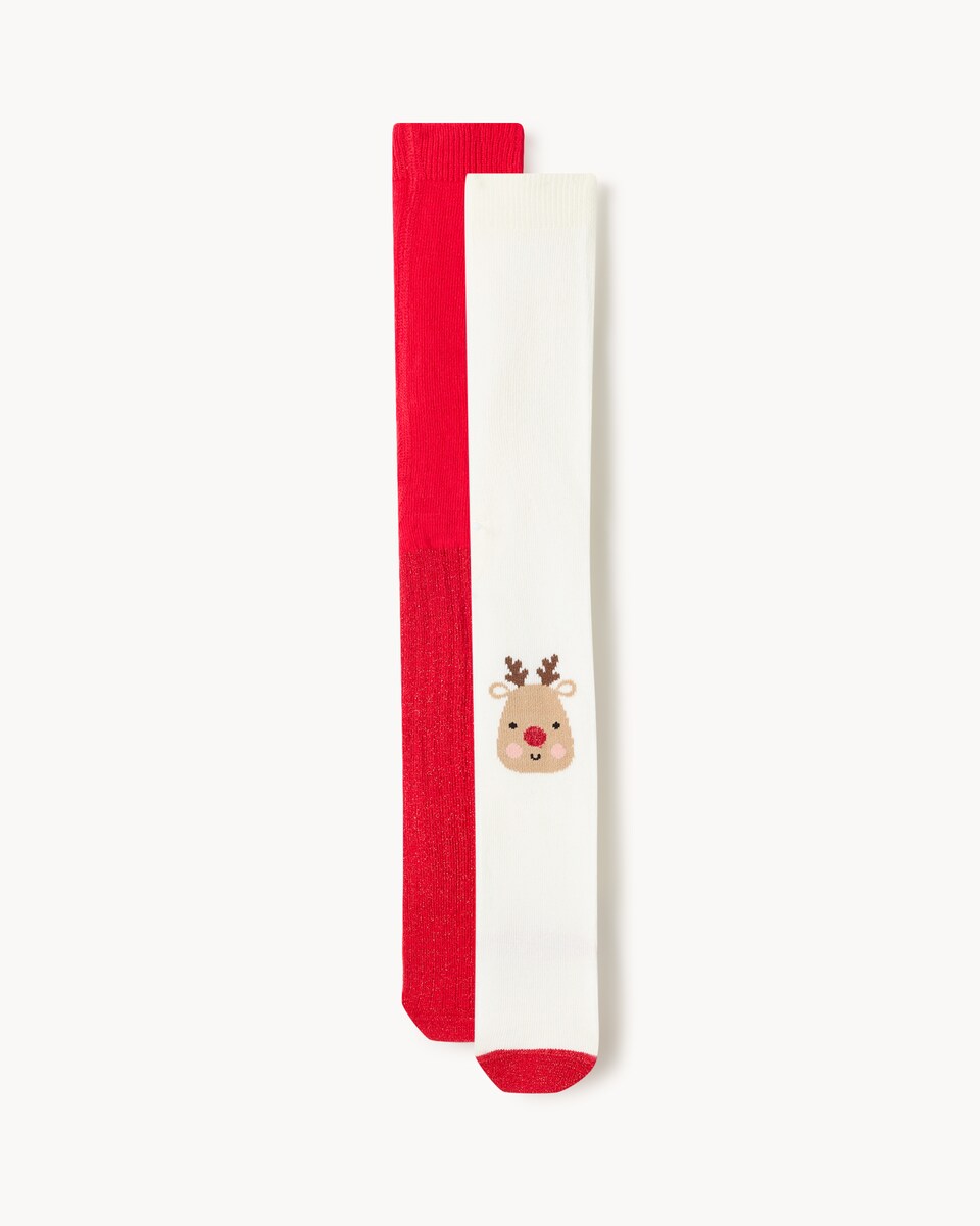 Christmas Baby 2-Pack Cotton Rich Reindeer Tights in Multi