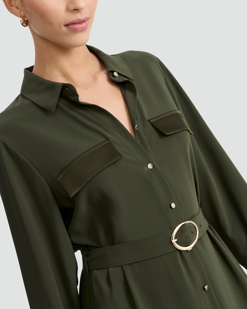 image 1 of F&F Belted Midi Shirt Dress in Khaki