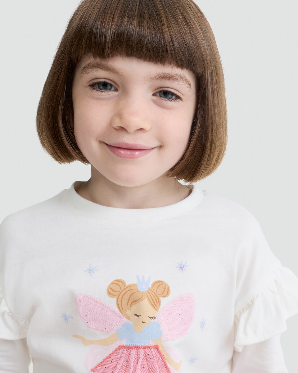 image 1 of F&F Girls Pure Cotton Fairy Print Long Sleeved Top in Cream