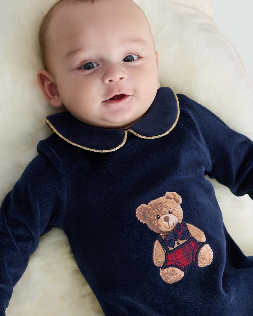 image 1 of F&F Baby Cotton Rich Velour Teddy Bear Sleepsuit in Navy