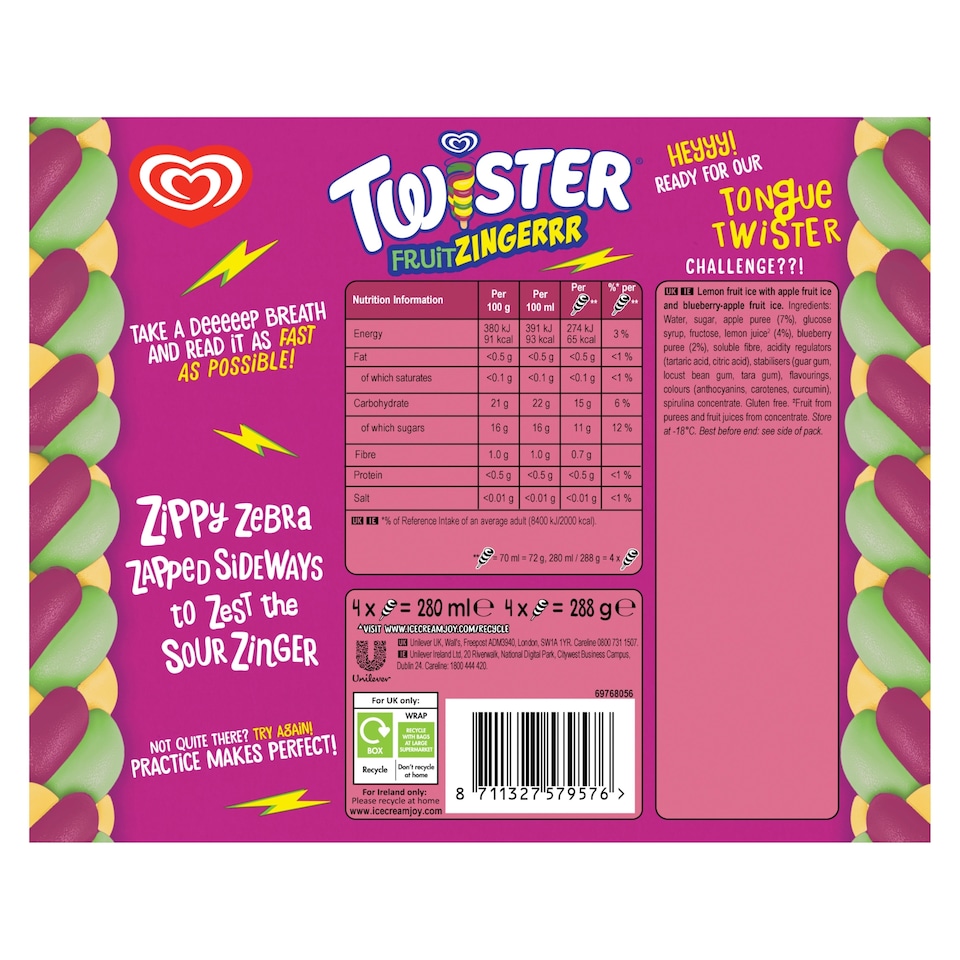 image 1 of Wall's Twister Fruit Zingerrr Ice Lollies 4x70ml
