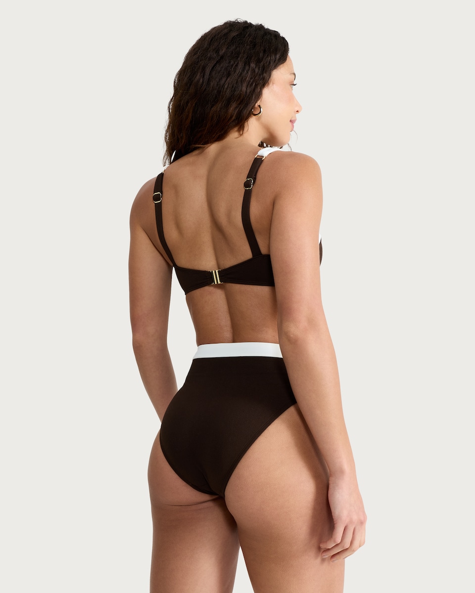 image 1 of F&F Textured Contrast Trim Metal Accent Bikini Top in Brown