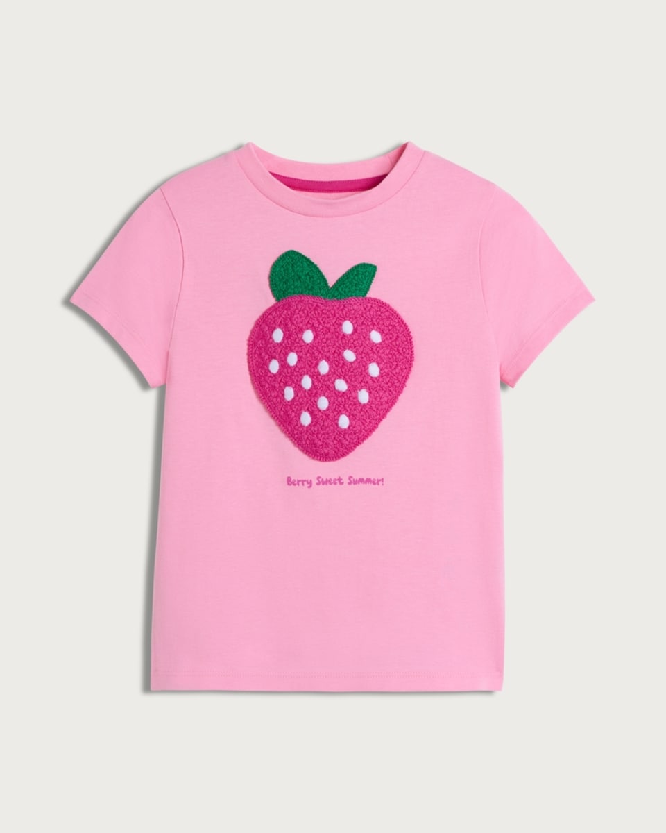 image 1 of F&F Girls Pure Cotton Boucle Strawberry T-Shirt in Pink