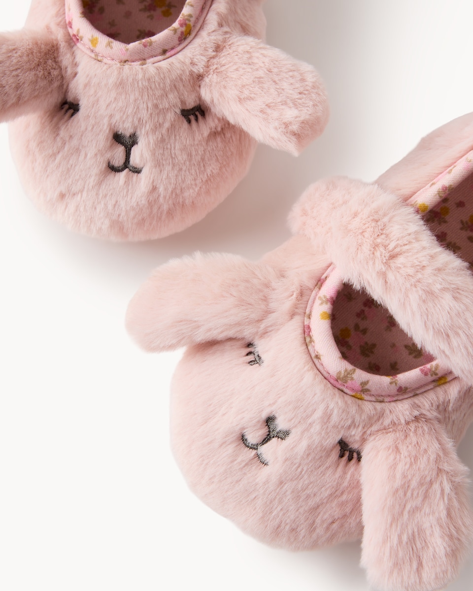 image 1 of F&F Girls Faux Fur Bunny Mary Jane Slippers in Pink