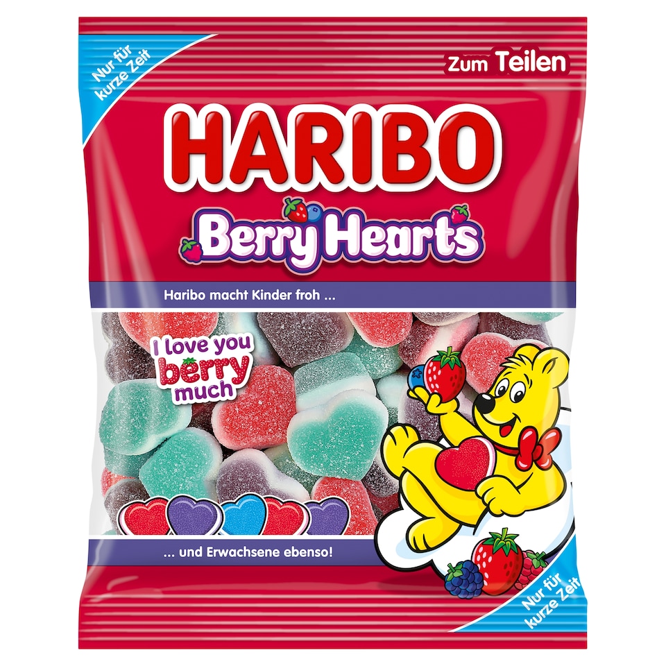 Haribo Berry Hearts gyümölcsízű kandírozott gumicukorka habosított gumicukorka réteggel 160 g