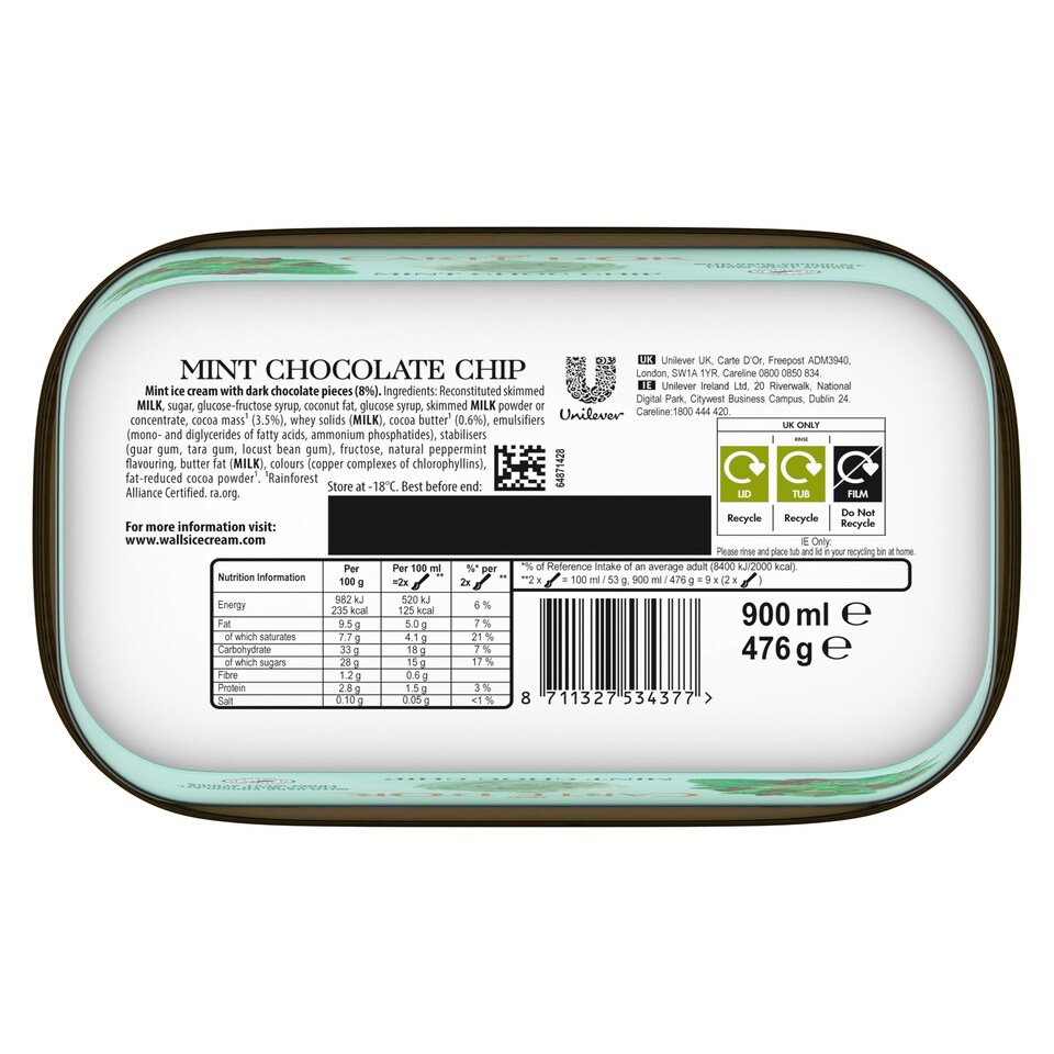 image 1 of Carte D'or Mint Chocolate Chip Ice Cream Tub 900ml