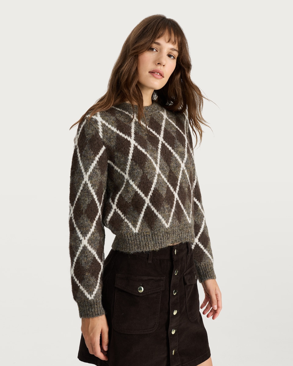 image 1 of The F&F Edit Knitted Argyle Pattern Jumper with Wool in Brown