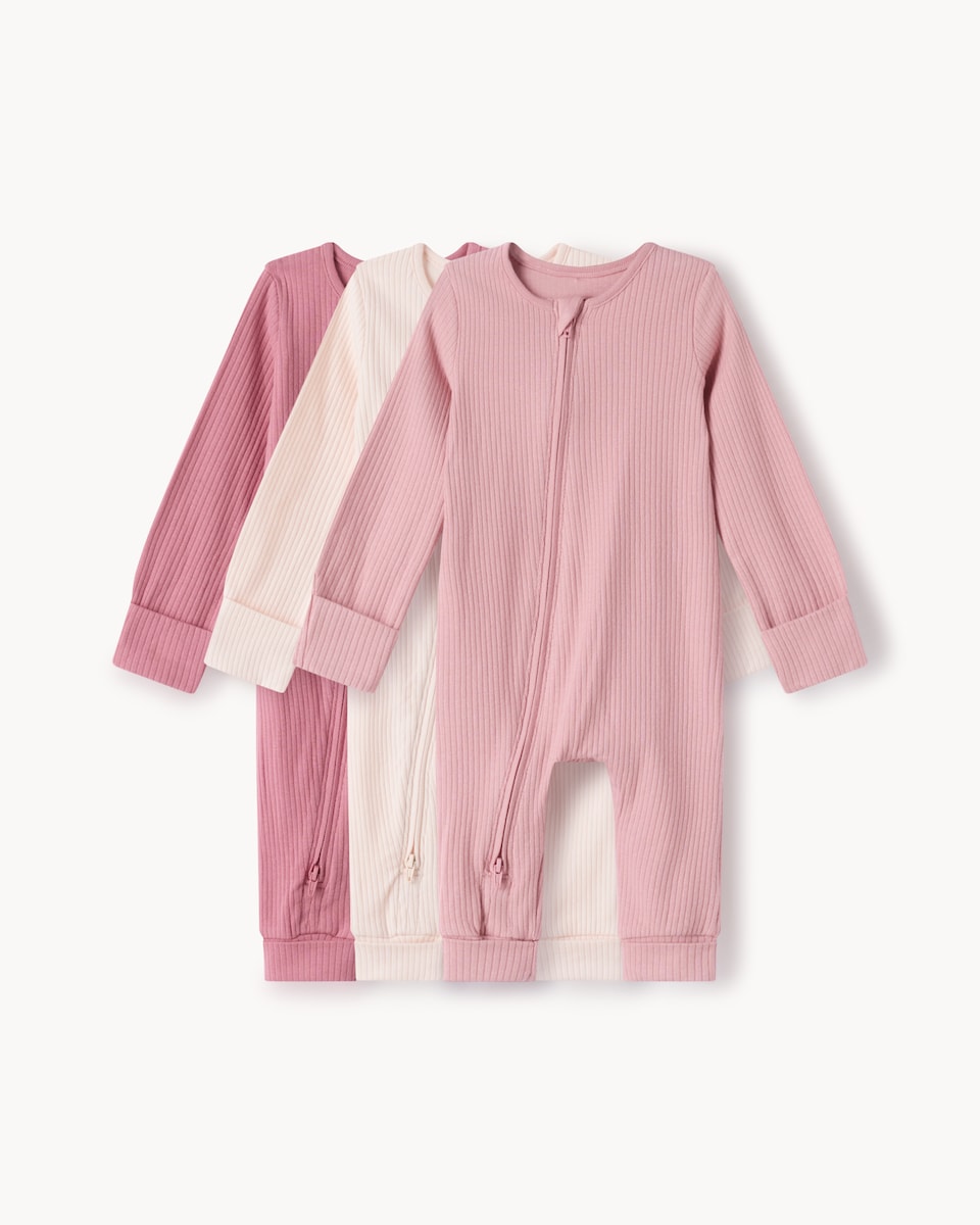 image 1 of F&F Baby 3-Pack Baby Ribbed Long Sleeved Sleepsuits in Pink