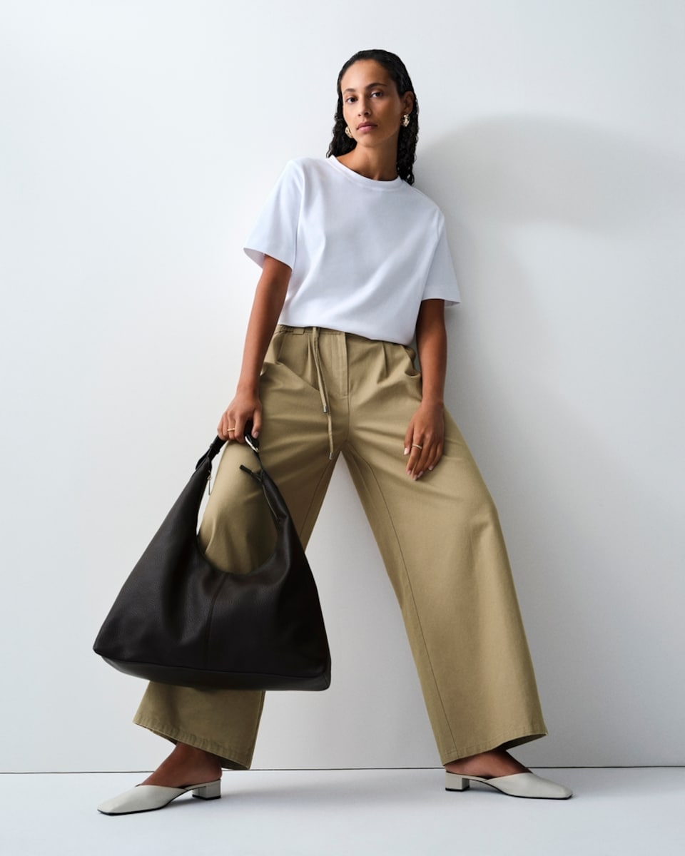 image 1 of F&F Pure Cotton Wide Leg Drawstring Trousers in Brown