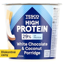 Tesco High Protein instantná ovsená kaša s kúskami bielej čokolády, kokosom a kúskami mandlí 65 g