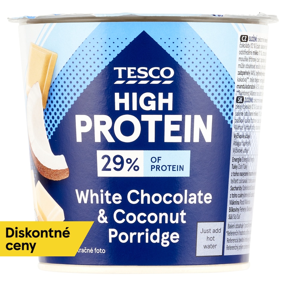 Tesco High Protein instantná ovsená kaša s kúskami bielej čokolády, kokosom a kúskami mandlí 65 g