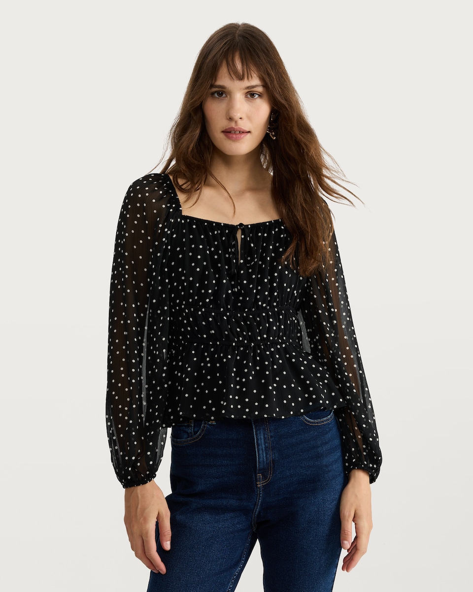 image 1 of F&F Shirred Polka Dot Print Blouse in Multi Black White