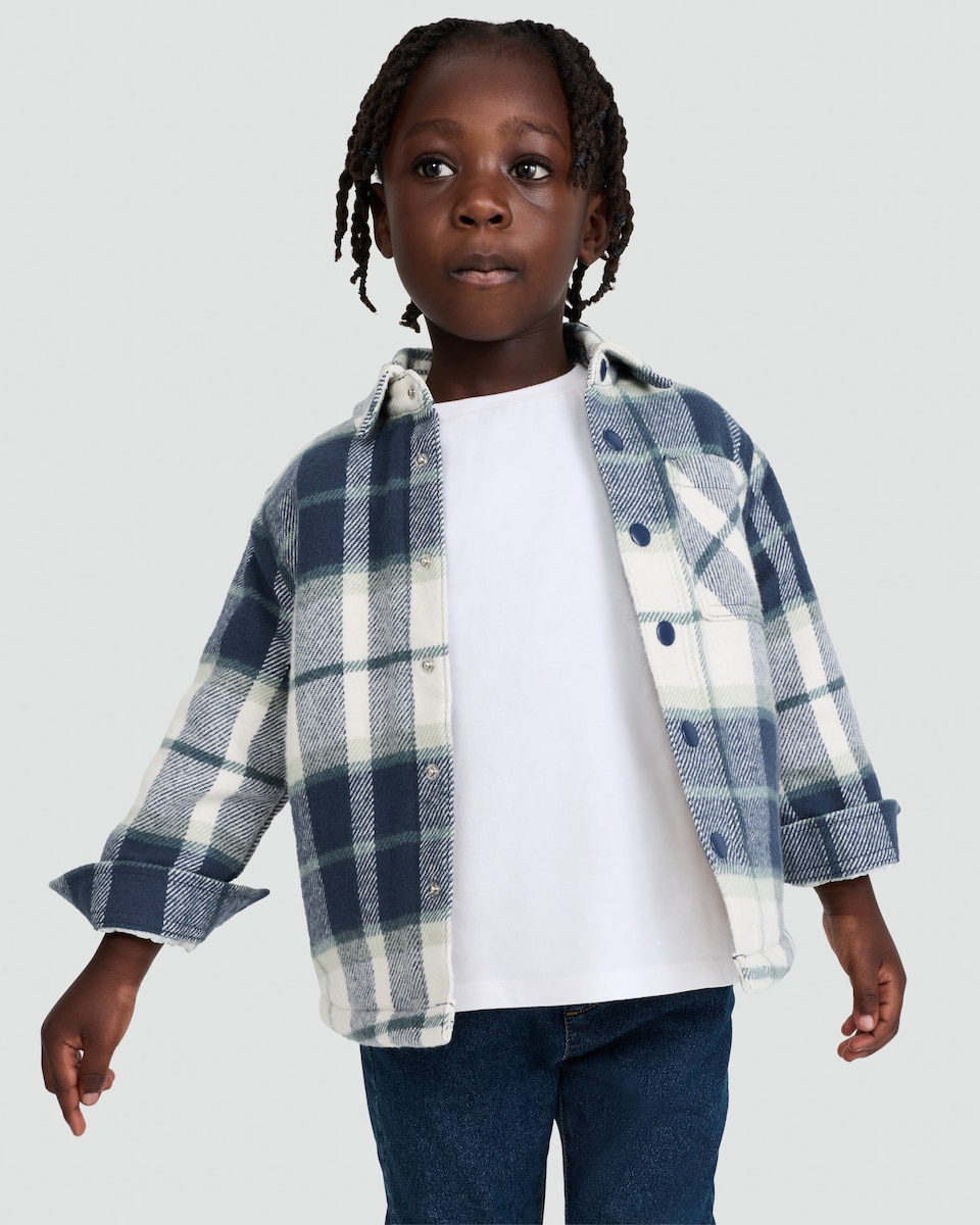 image 1 of F&F Boys Pure Cotton Check Print Popper Front Shacket in Blue