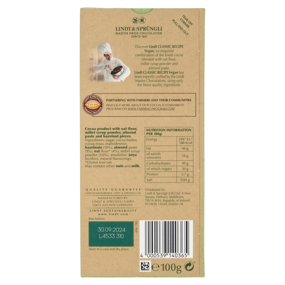 image 1 of Lindt Classic Recipe Vegan Hazelnut Chocolate 100G