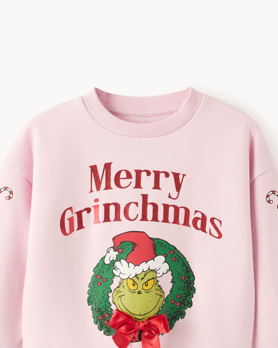 image 1 of Grinch Cotton Rich Christmas Print Sweatshirt in Pink