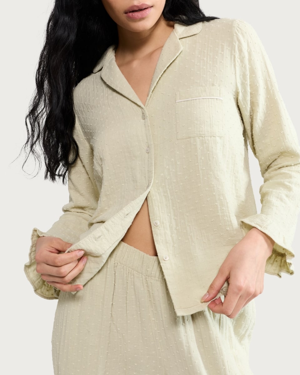 image 1 of The F&F Edit Pure Cotton Textured Frill Trim Pyjama Set in Green