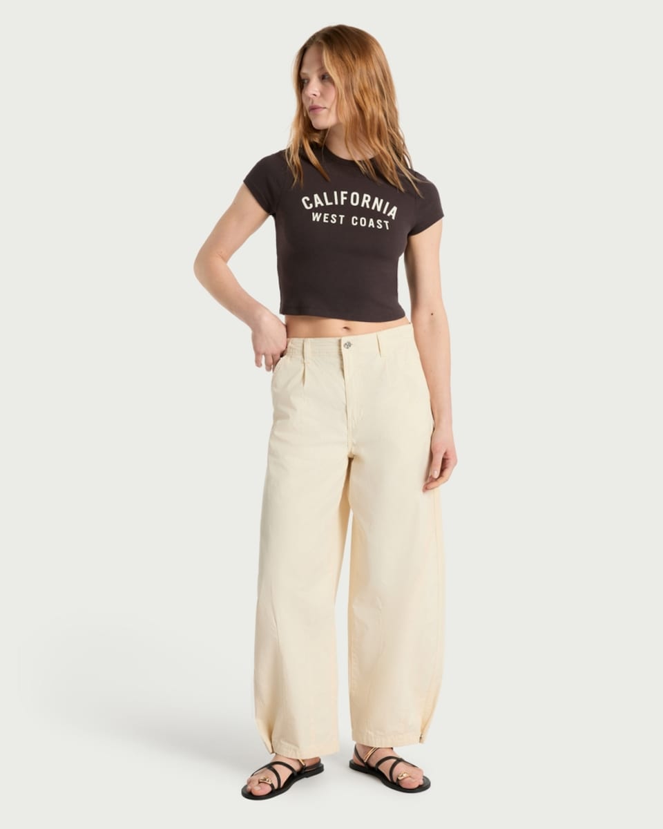 image 1 of F&F Cotton Rich California West Coast Slogan Cropped T-Shirt in Brown