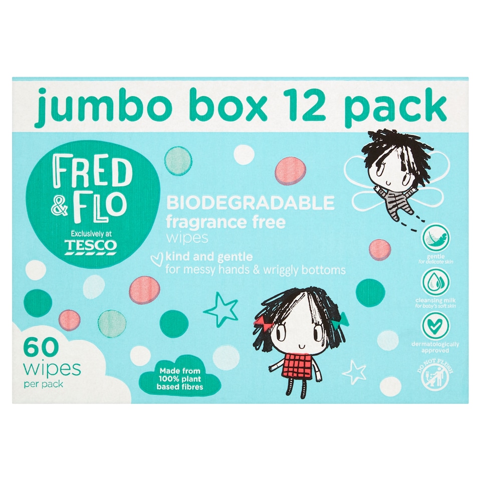 image 1 of Fred & Flo Biodegradable Fragrance Free 60 Wipes 12 Box