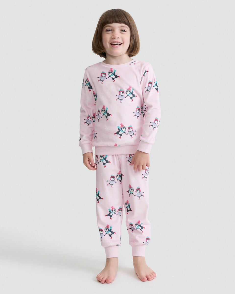 image 1 of F&F Girls Minky Fleece Penguin Print Pyjama Set in Pink