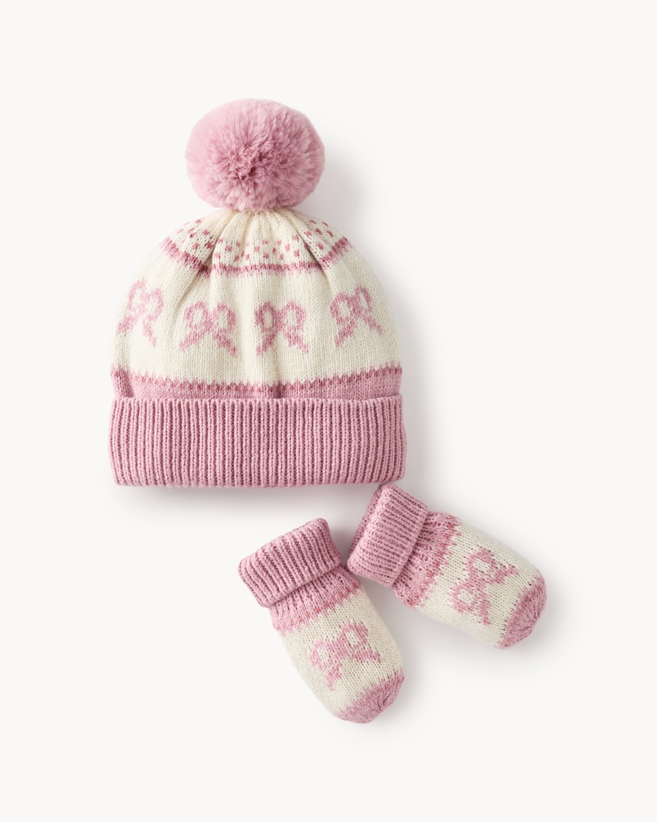 image 1 of F&F Baby 2-Piece Fair Isle Hat and Mitten Set in Pink