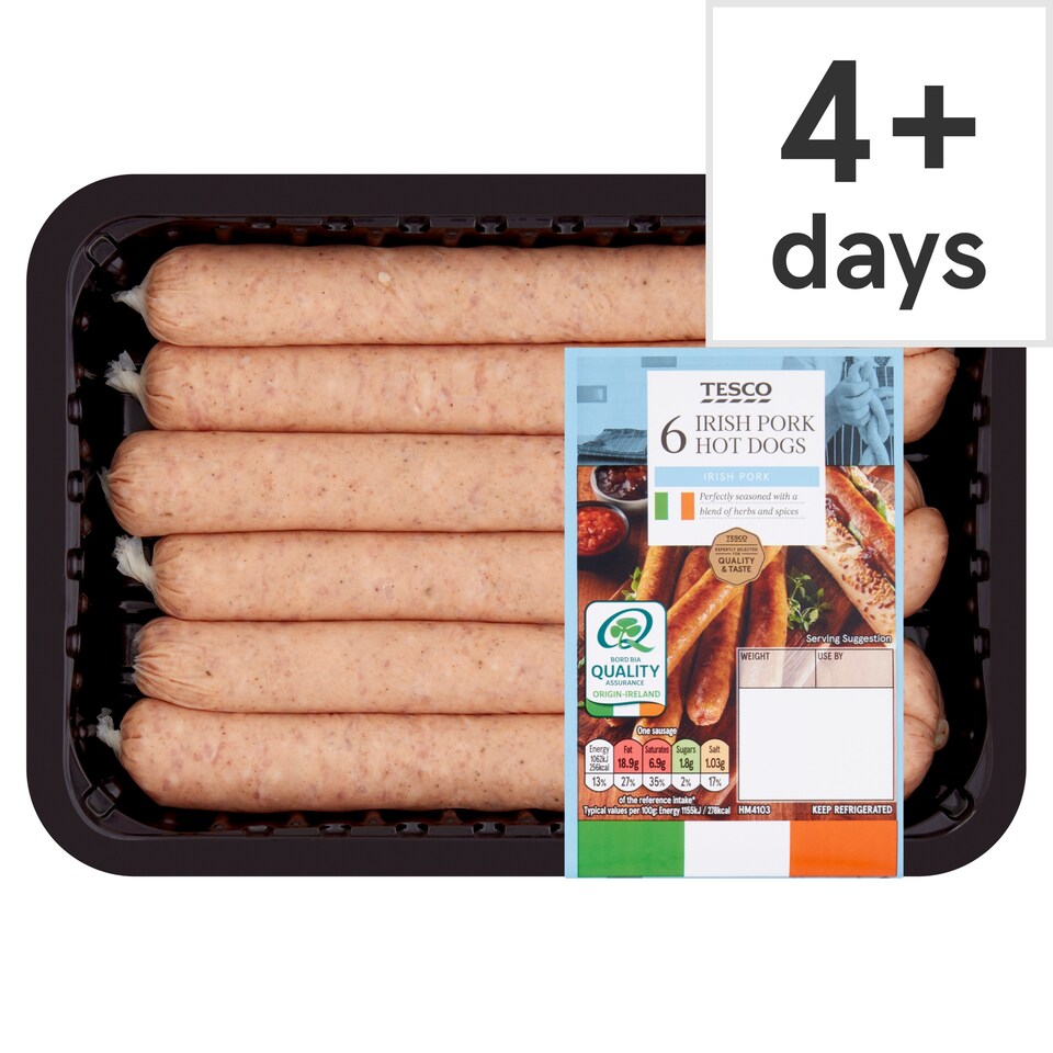 Tesco 6 Irish Pork Hot Dogs 600G