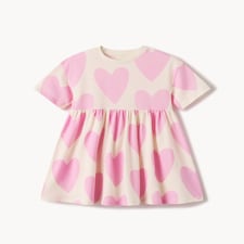 F&F Girls Pure Cotton Heart Print Short Sleeved Dress in Pink