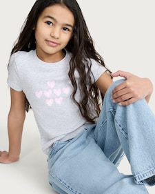 F&F Girls Cotton Rich Heart Print T-Shirt in Grey