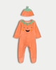 image 1 of F&F Baby Cotton Rich Velour Textured Pumpkin Outfit in Amber