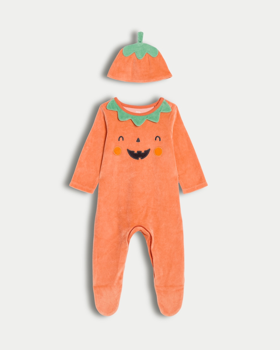 image 1 of F&F Baby Cotton Rich Velour Textured Pumpkin Outfit in Amber