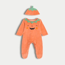 F&F Baby Cotton Rich Velour Textured Pumpkin Outfit in Amber