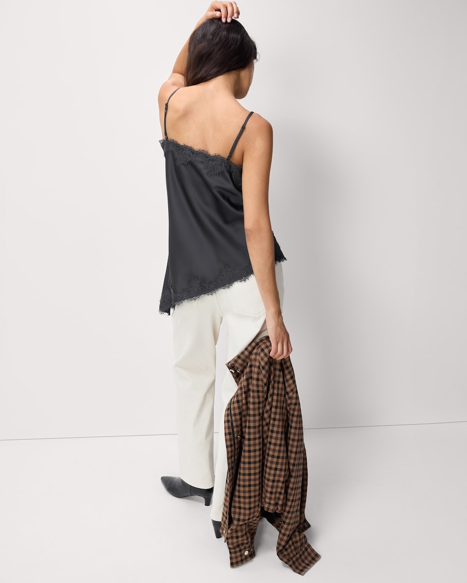 image 1 of F&F Satin Lace Trim Asymmetric Hem Cami Top in Grey