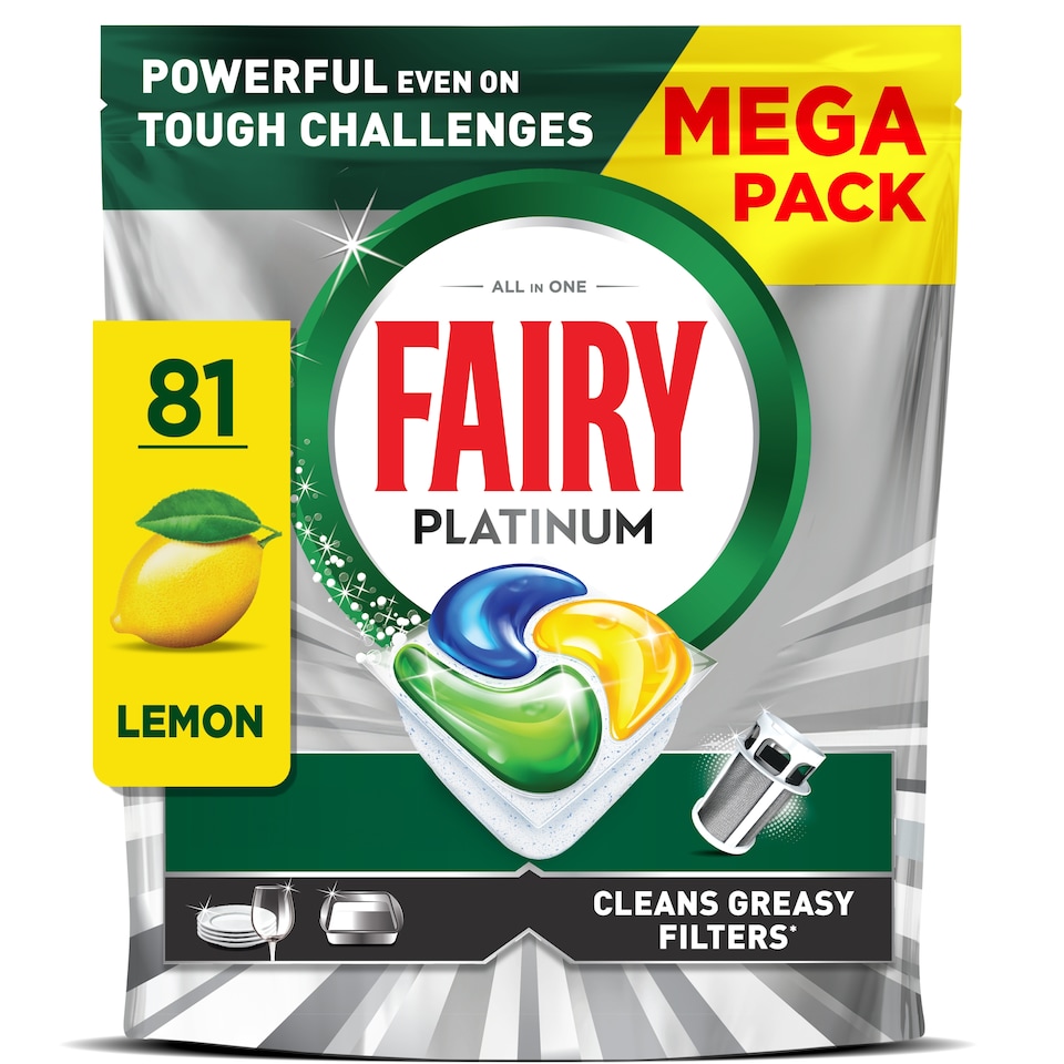 image 1 of Fairy Platinum All In One Mega pack Lemon 81 Dishwasher Tablets 1207g