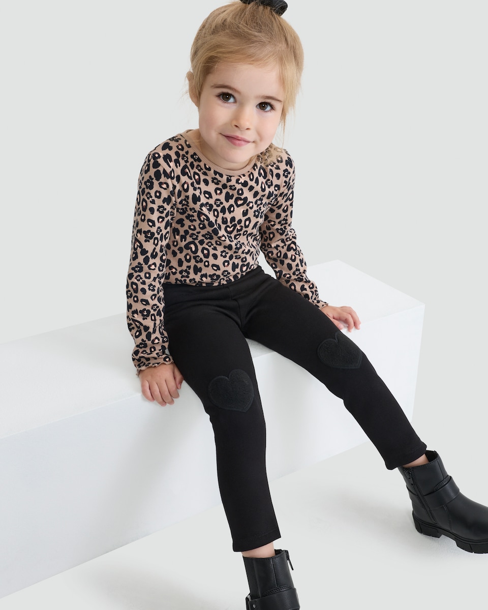 image 1 of F&F Girls Heart Patch Fleece Lined Leggings in Black
