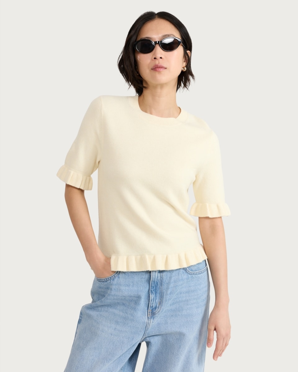 image 1 of F&F Ruffle Trim Short Sleeved Knitted Top in Yellow