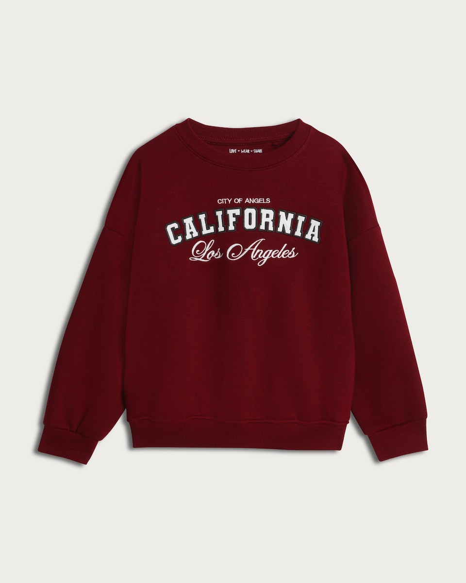 image 1 of F&F Active Girls Cotton Rich Los Angeles Slogan Sweatshirt in Burgundy