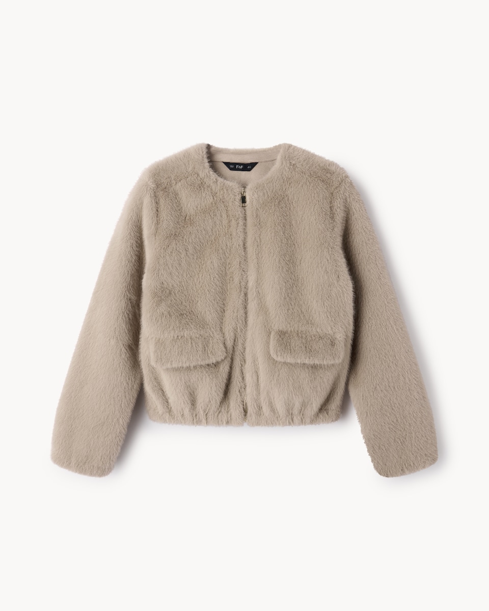 image 1 of F&F Faux Fur Zip Up Short Jacket in Neutral