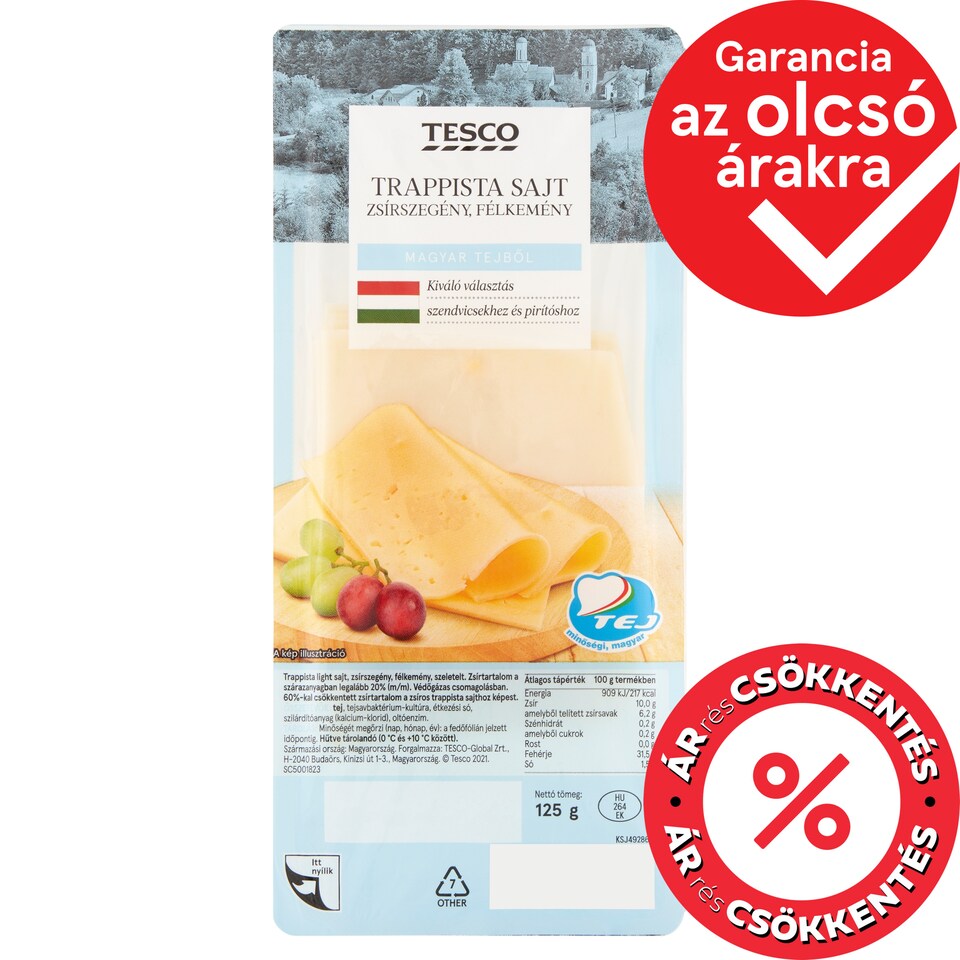 Tesco szeletelt, zsírszegény, félkemény trappista sajt 125 g