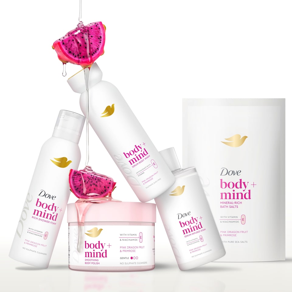 image 1 of Dove Body + Mind Pink Dragonfruit & Primrose Rich Shower Foam 200ml