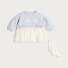 F&F Baby 2-Piece Cotton Rich Twofer Dress and Tights Set in Grey