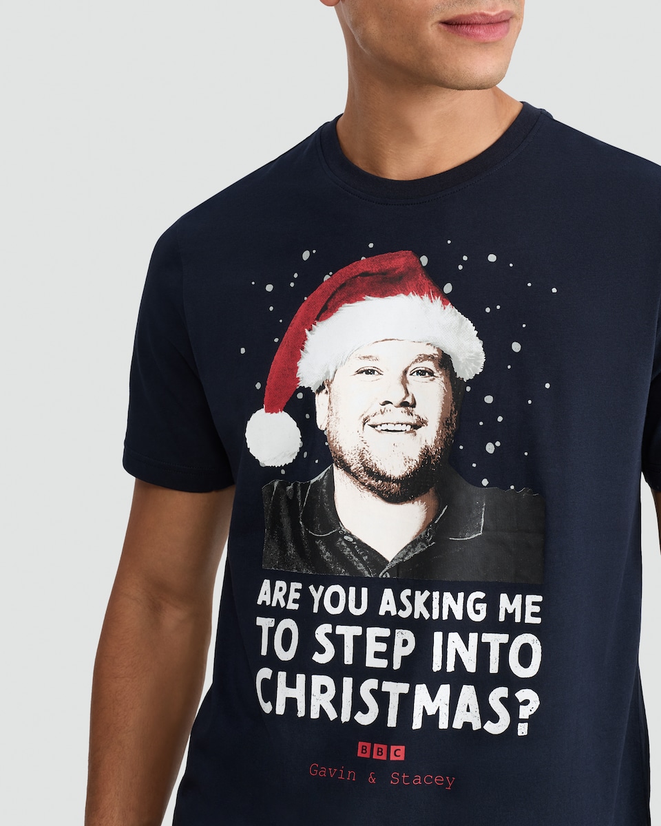 image 1 of Gavin & Stacey Step Into Christmas T-Shirt in Navy